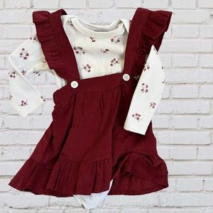 White Floral Long Sleeve Onesie with Burgundy Dress, 6-9 months